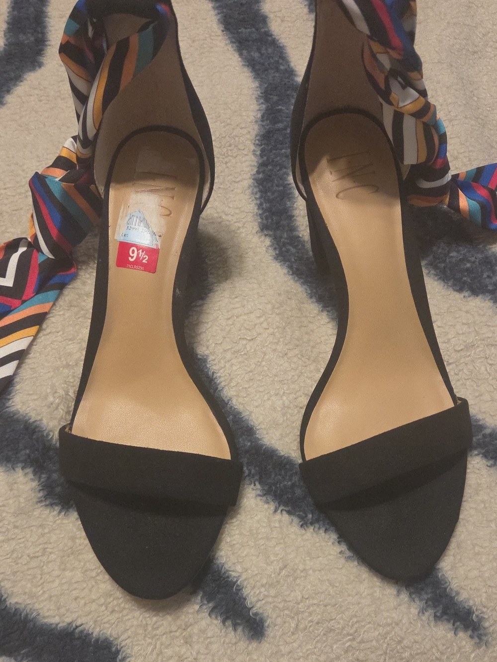 INC International Concepts Black Open-Toe Ankle Tie Heels with Multicolor Scarf